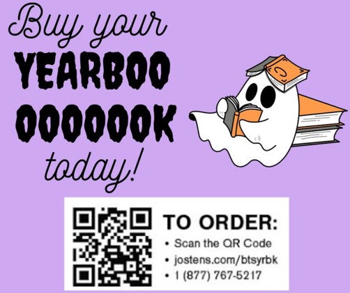 Ghost reading a book as a yearbook reminder ad.